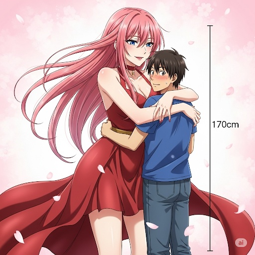 赤いドレスを着た長身美女に抱きしめられる男性