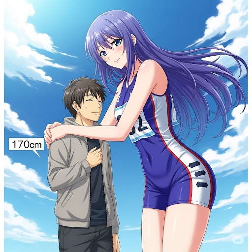 タンクトップ姿の長身美女に抱きしめられる男性