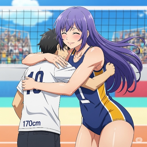 ビーチバレーをする高身長美女に抱きしめられる男性