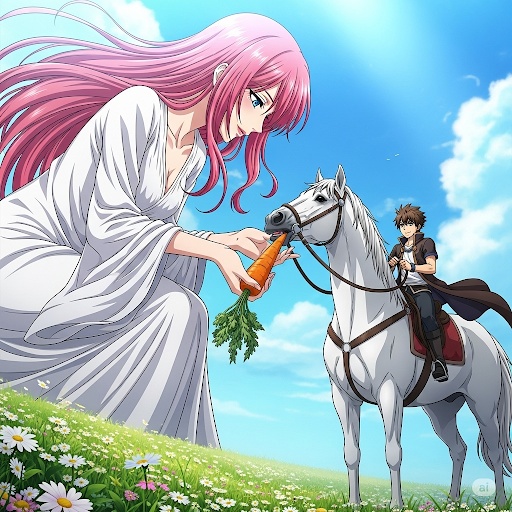 馬に食事をあたえる巨大美女