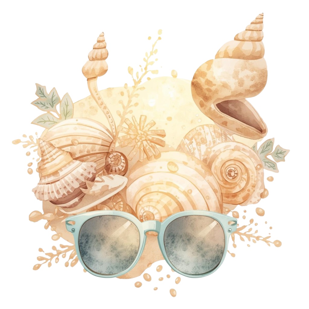 水色の海辺のバケーション 水彩アンティーク風10点セット PNG背景透過