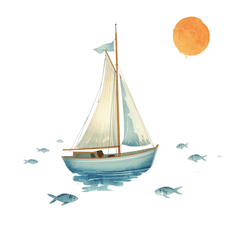 水色の海辺のバケーション 水彩アンティーク風10点セット PNG背景透過