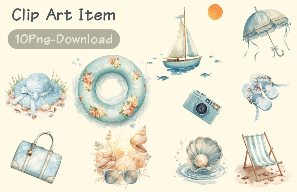 水色の海辺のバケーション　水彩アンティーク風10点セット　 PNG背景透過
