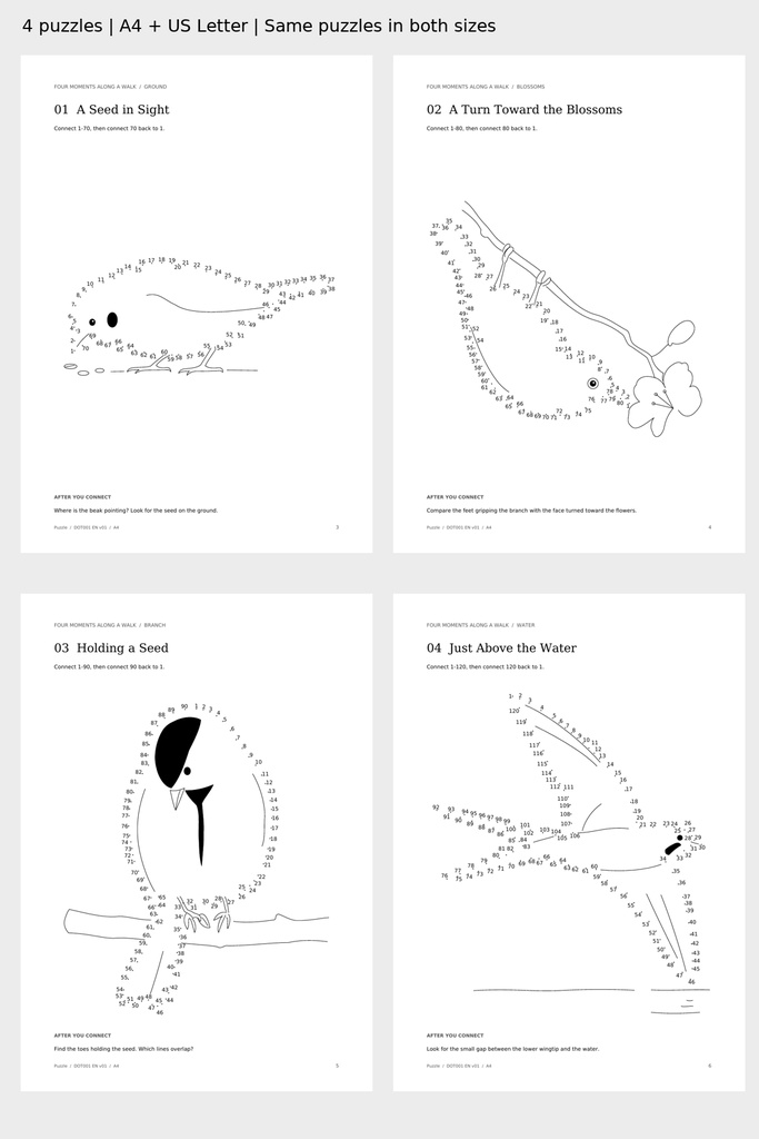 Small Moments with Birds - 4 Printable Dot-to-Dot Puzzles (A4 & US Letter)