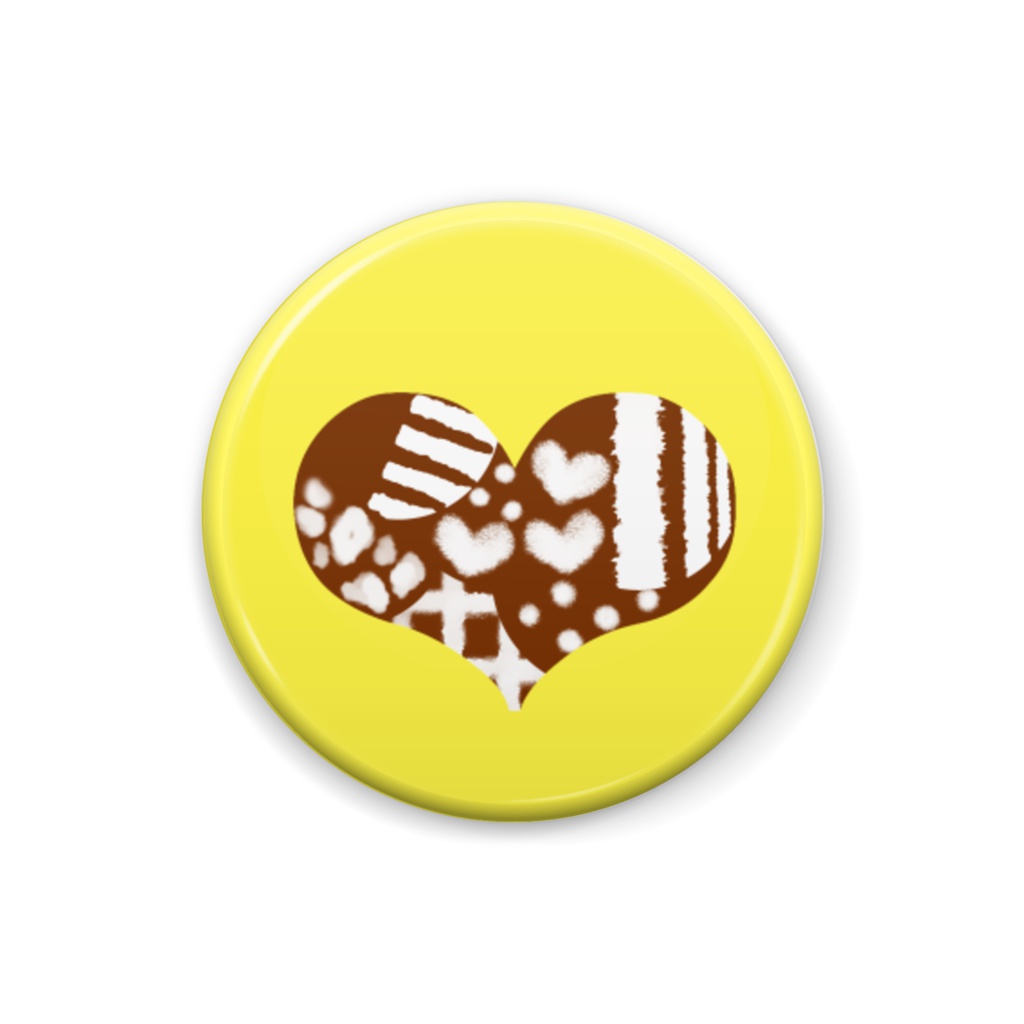 柄文字缶バッジ 「❤」 (茶×黄)