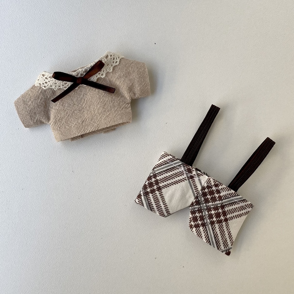 lace collar shirt check salopette set