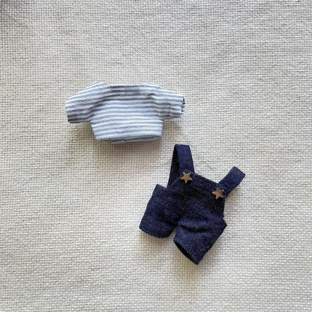 striped shirt star button denim salopette set
