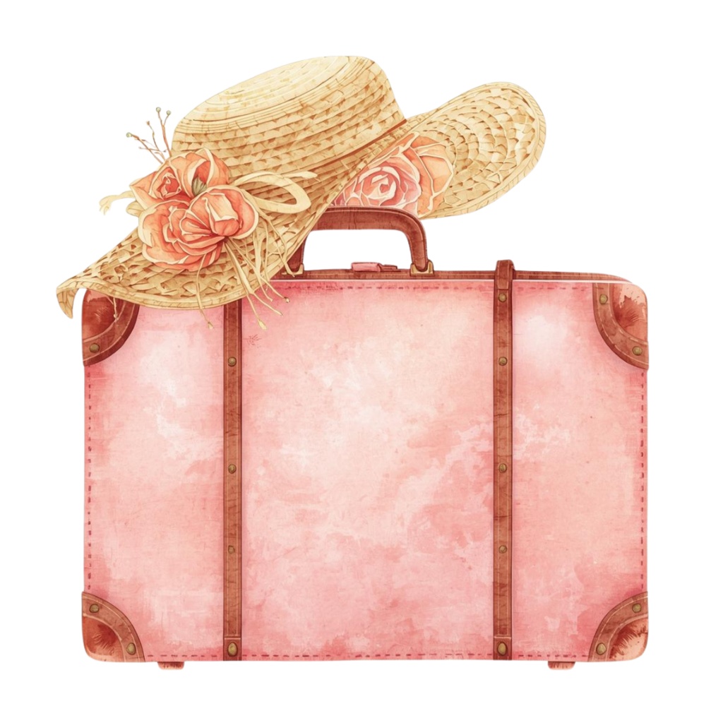 水彩ピンクのアンティーク旅行クリップアートセット(全10種/PNG)