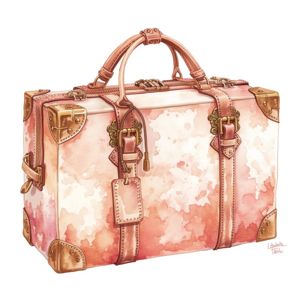 水彩ピンクのアンティーク旅行クリップアートセット(全10種/PNG)