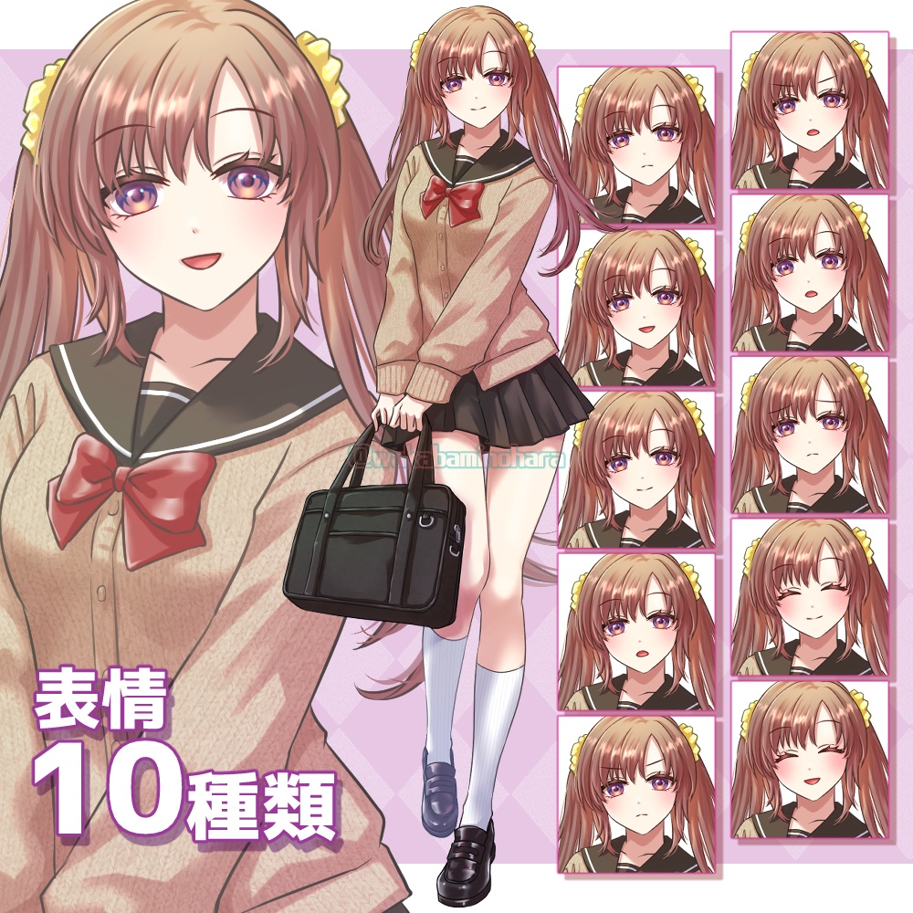 制服姿のツインテールの女の子（表情10種）