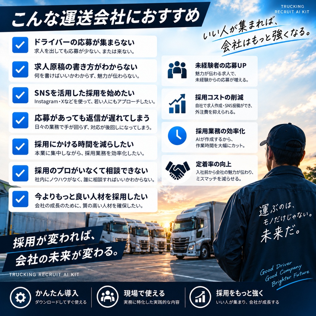 運送会社向け|採用実務AIキット|求人原稿・採用SNS・応募返信をまとめて作成