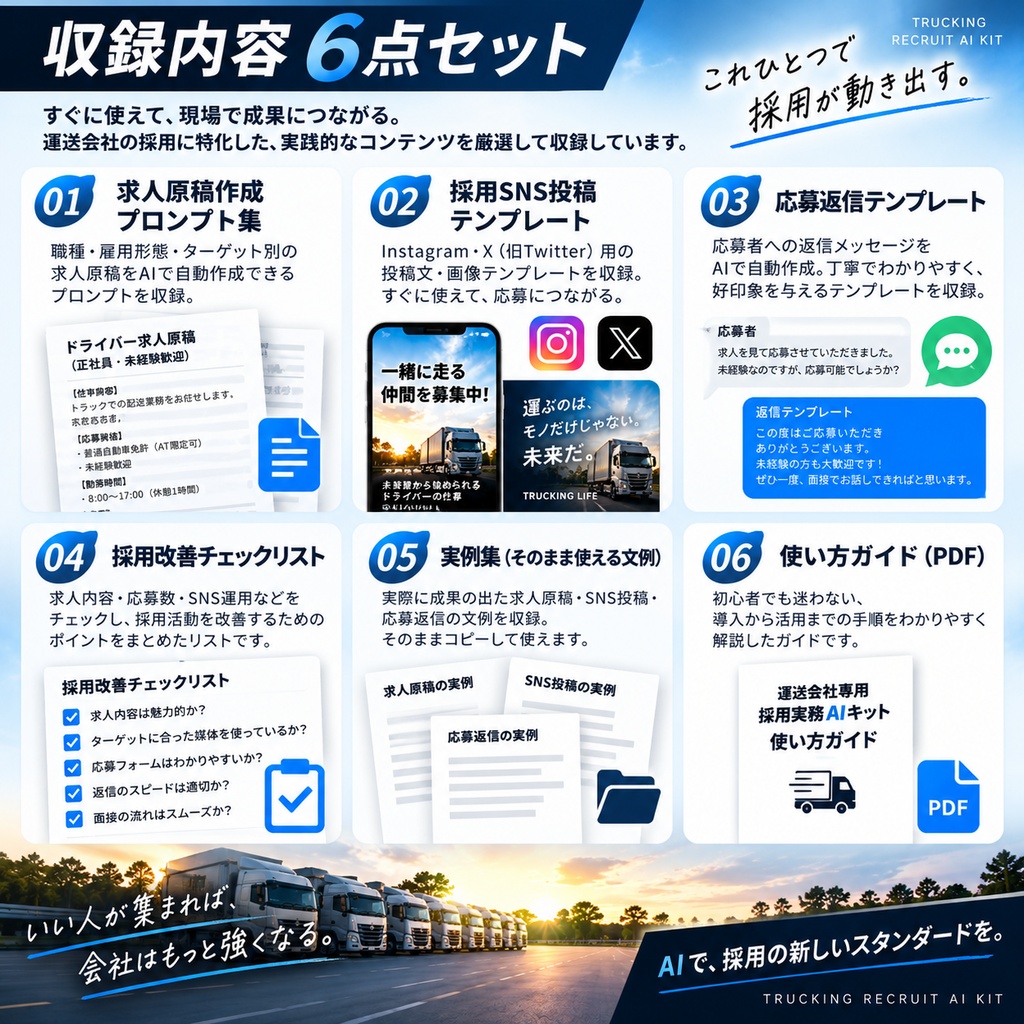 運送会社向け|採用実務AIキット|求人原稿・採用SNS・応募返信をまとめて作成