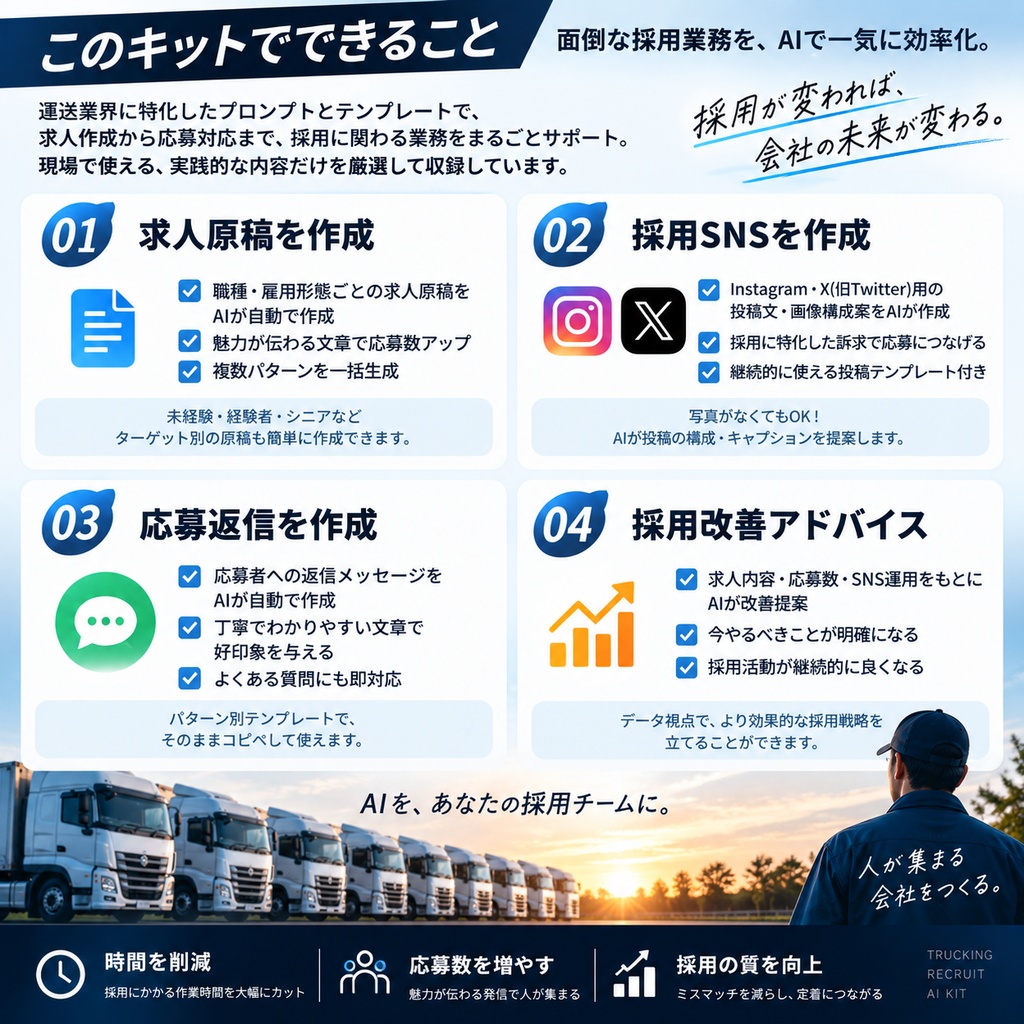 運送会社向け|採用実務AIキット|求人原稿・採用SNS・応募返信をまとめて作成
