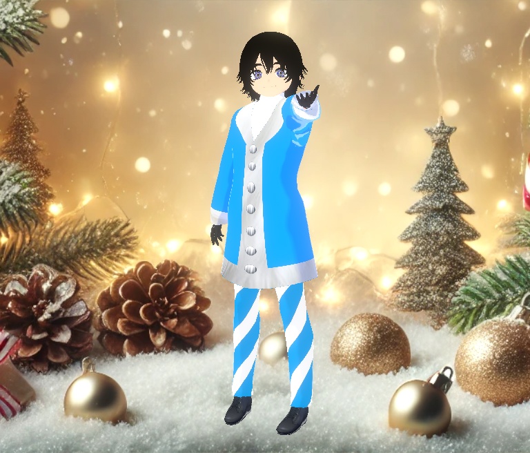 blue and silver Christmas clothes and eyes
