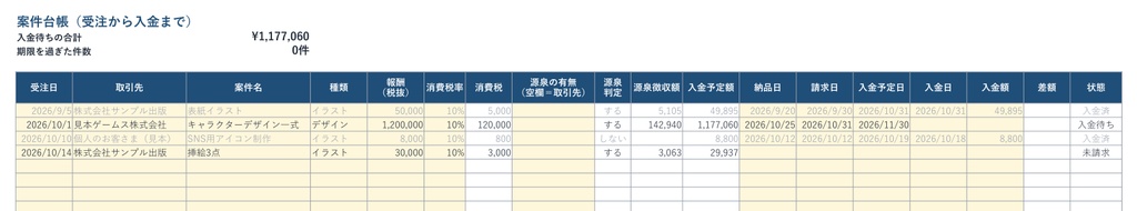 【Excel】フリーランス・配信者の案件・源泉徴収管理表|10.21%を自動計算・入金待ちの管理・支払調書と照合(マクロ不使用)