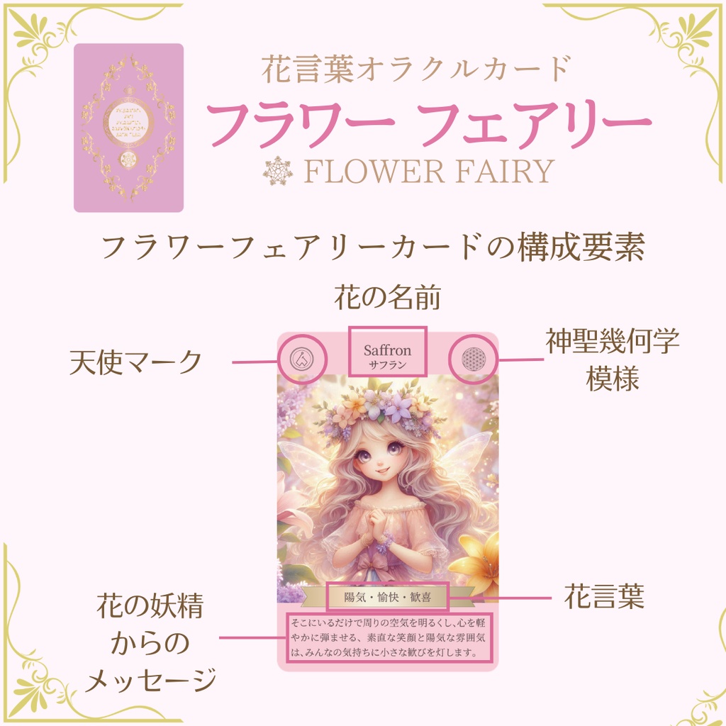 <花言葉オラクルカード>フラワーフェアリー 54枚 かわいい 優しい 小さめ 初心者におすすめ 日本語 妖精 天使 パステル ピンク 紫 日本語