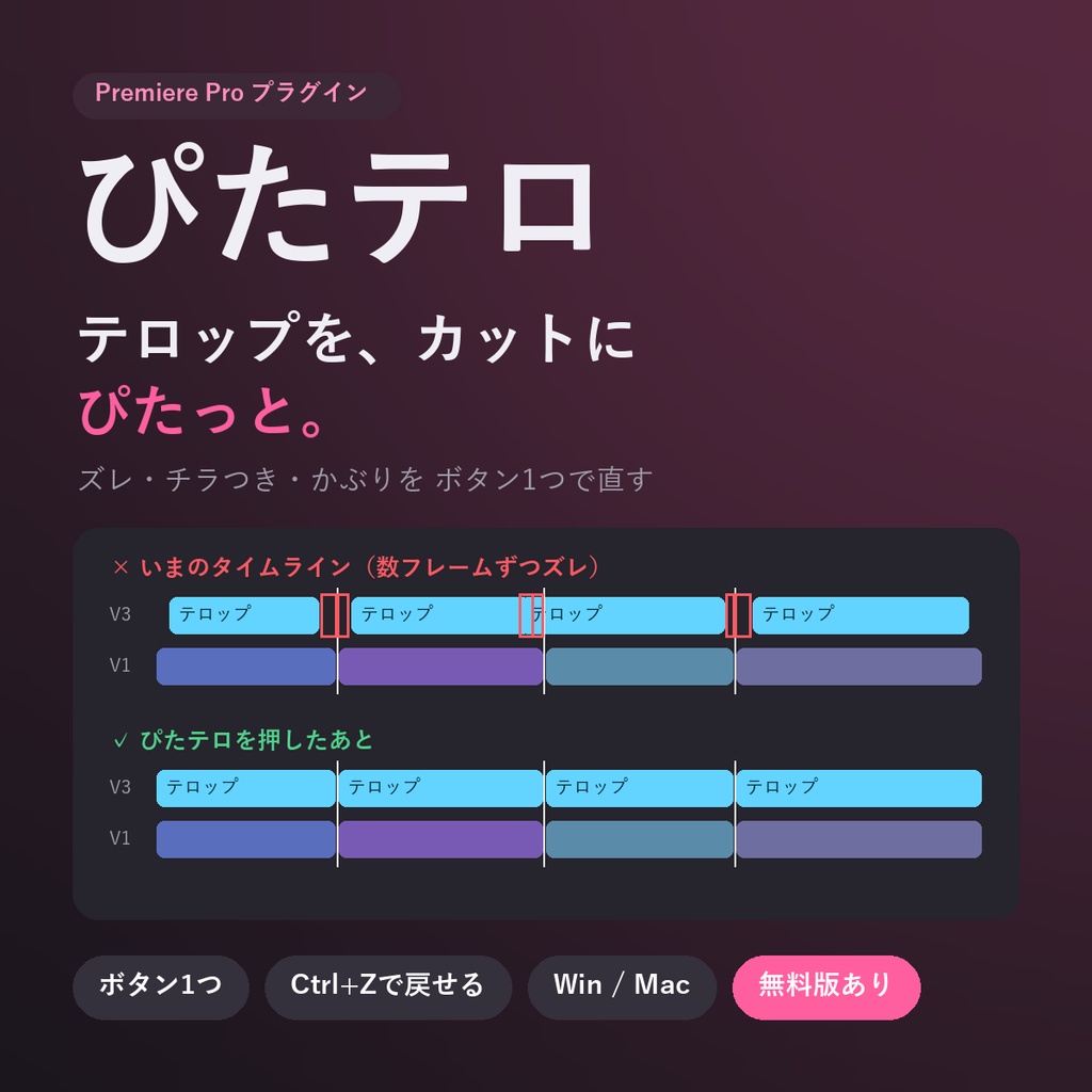 【発売記念¥480】ぴたテロ|テロップをカットに自動でそろえるPremiere Proプラグイン(無料版あり)