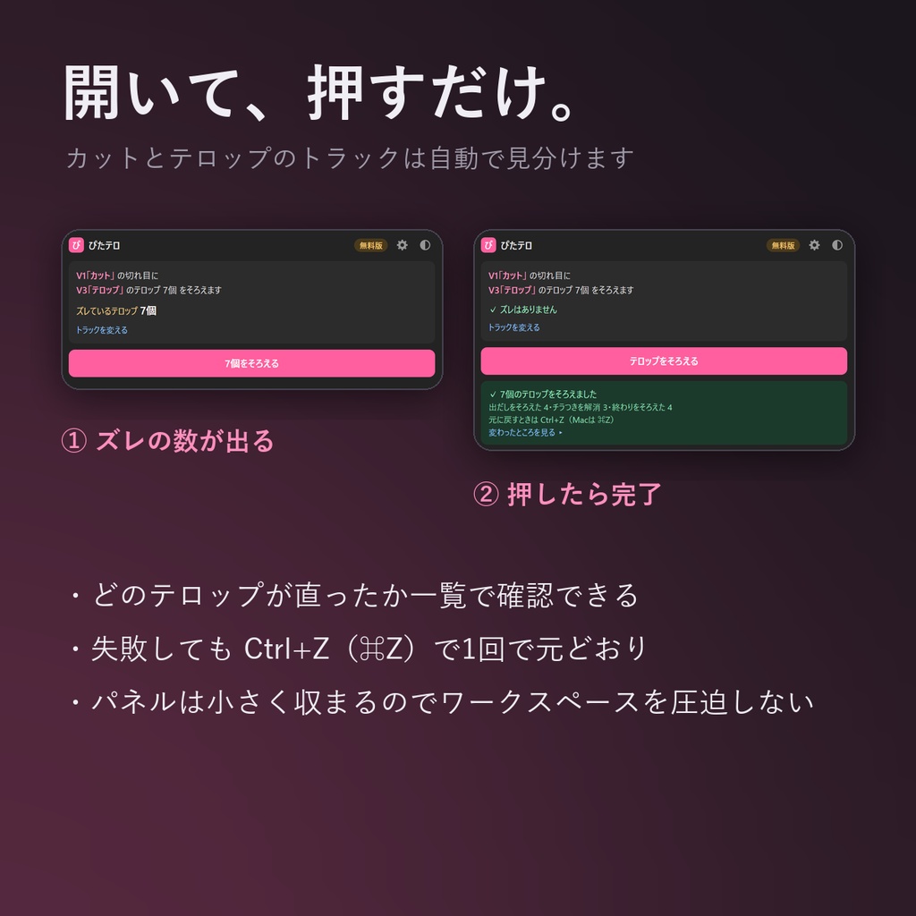 【発売記念¥480】ぴたテロ|テロップをカットに自動でそろえるPremiere Proプラグイン(無料版あり)