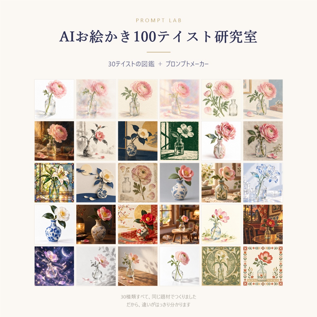 AIイラストのテイスト図鑑 30種｜プロンプト作成アプリ付き