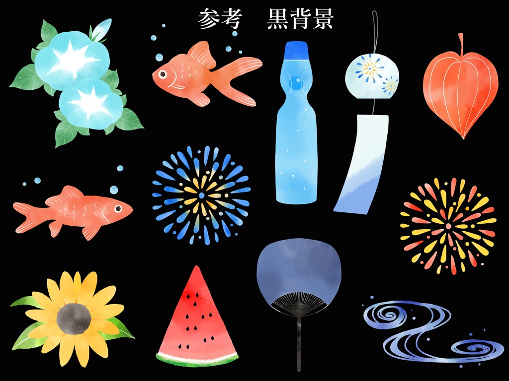 和風夏のイラスト素材セット|花火・金魚・朝顔・ひまわりなど