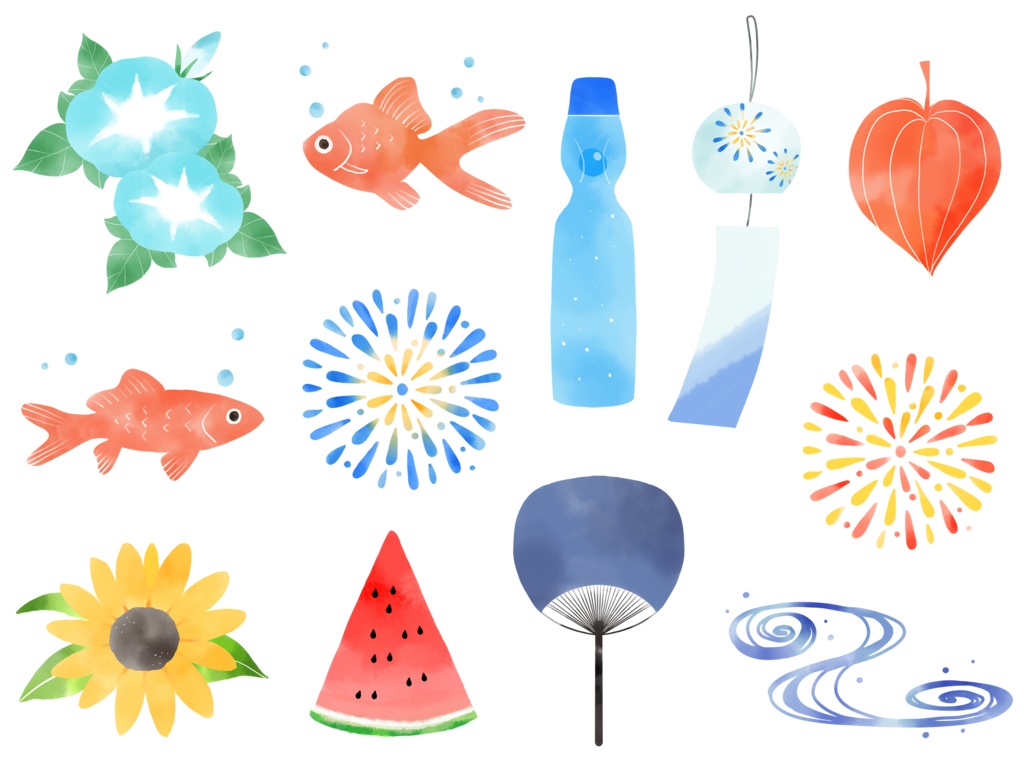 和風夏のイラスト素材セット|花火・金魚・朝顔・ひまわりなど