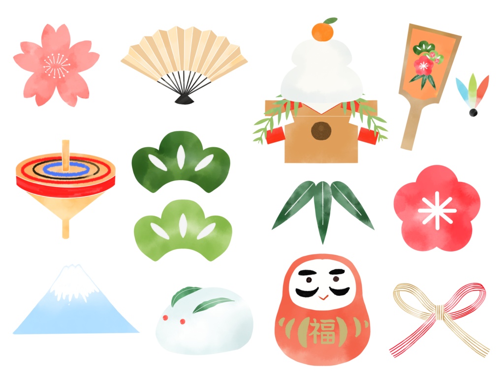 水彩風 和風お正月イラストセット 背景透過PNG