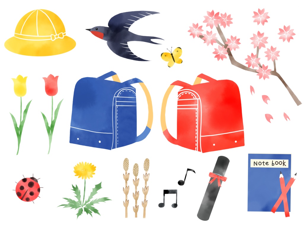 水彩風の春の入学卒業イラストセット