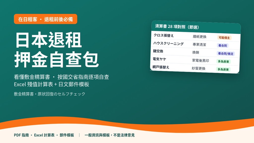 日本退租押金自查包｜看懂敷金精算書＋Excel殘值計算表＋日文郵件模板