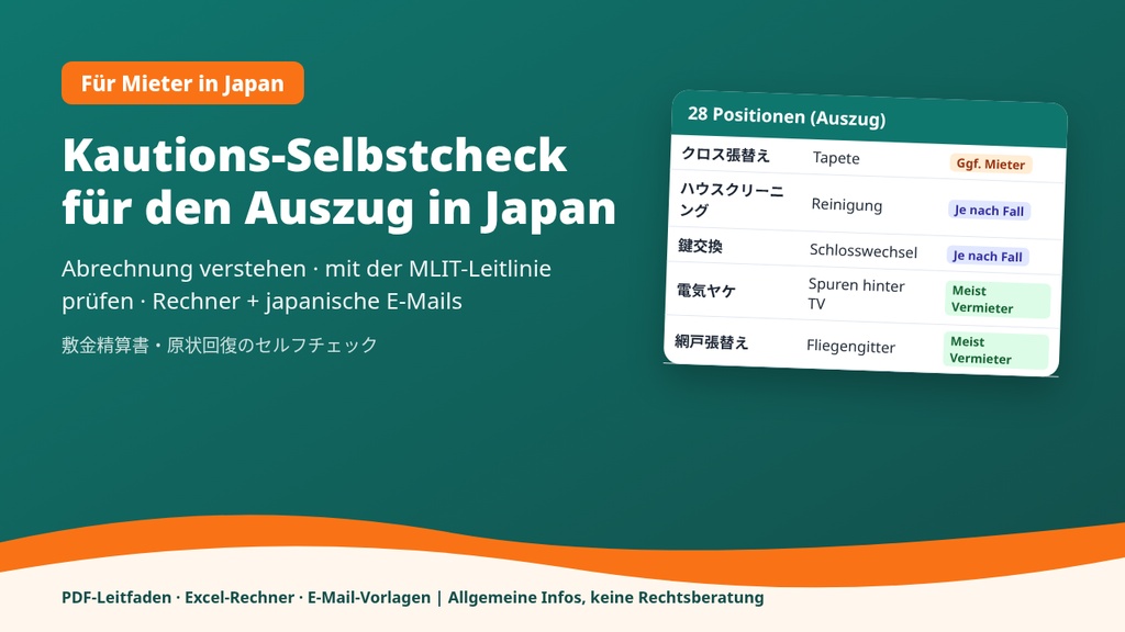 Kautions-Selbstcheck für den Auszug in Japan – Abrechnung (shikikin seisansho) verstehen, Excel-Rechner + japanische E-Mail-Vorlagen