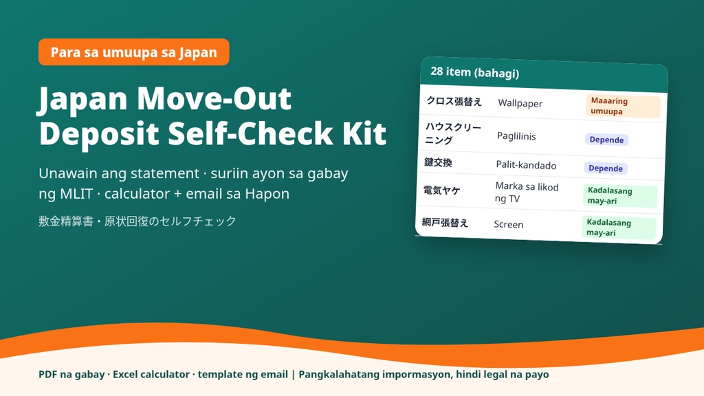 Japan Move-Out Deposit Self-Check Kit – unawain ang iyong settlement (shikikin seisansho), Excel calculator + template ng email sa Hapon