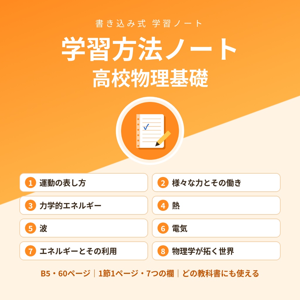 学習方法ノート 高校物理基礎|どの教科書にも使える書き込み式PDF(B5・60ページ)