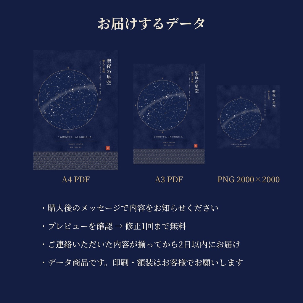 あの日の星空 ― 記念日の夜空を描くオーダーメイド星図(和風デザイン/A4・A3 PDF+PNG)