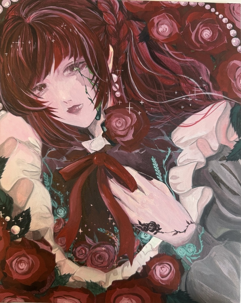 キャンバスアート【薔薇真珠:アクリル水彩画】