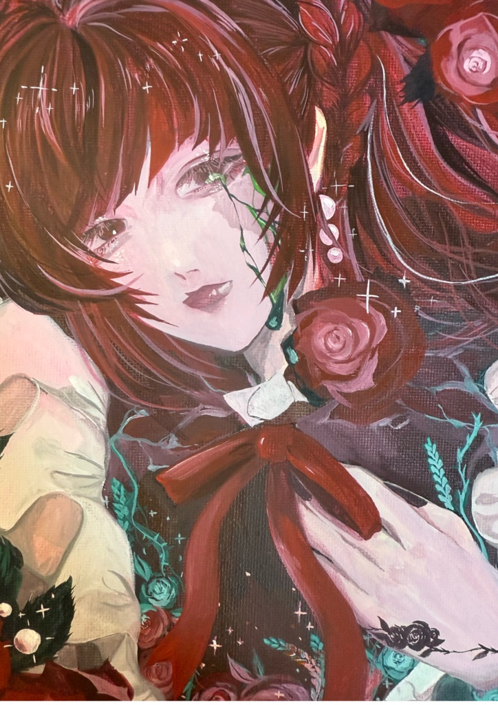 キャンバスアート【薔薇真珠:アクリル水彩画】