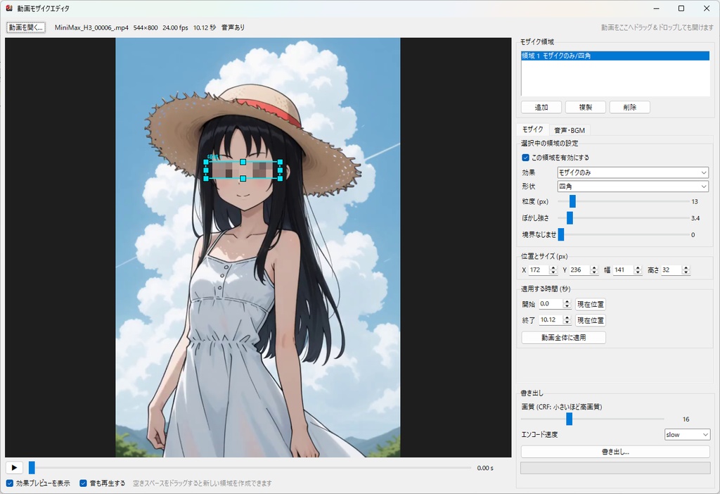 動画の一部にモザイクをかける軽量エディタ(音声分離・BGM合成機能つき):DougaMosaic