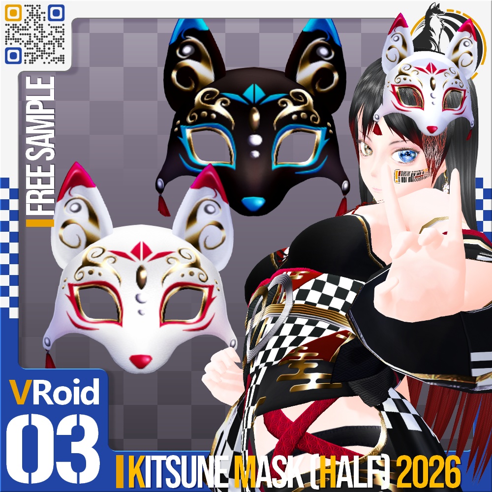 VRoid用 多色展開 狐面 (半面) 2026 - Japanese Fox (Kitsune) Mask 2026