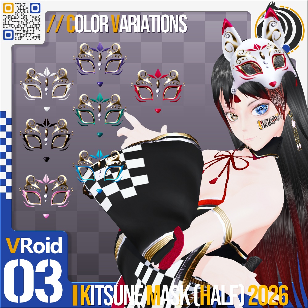 VRoid用 多色展開 狐面 (半面) 2026 - Japanese Fox (Kitsune) Mask 2026