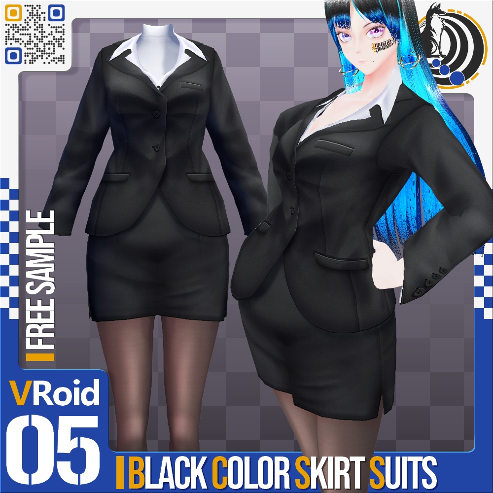[XWear対応] VRoid用 7色展開 開襟ブラックカラースカートスーツ - Open Collar Black Color Skirt Suits 7Colors