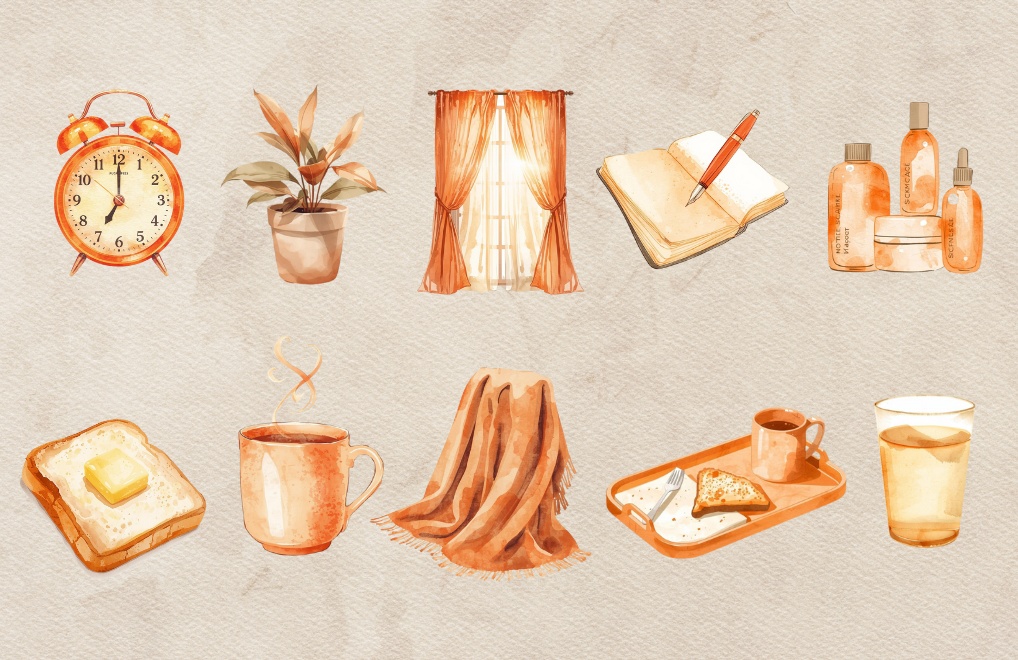 朝ルーティンモチーフ 水彩クリップアート(10点)