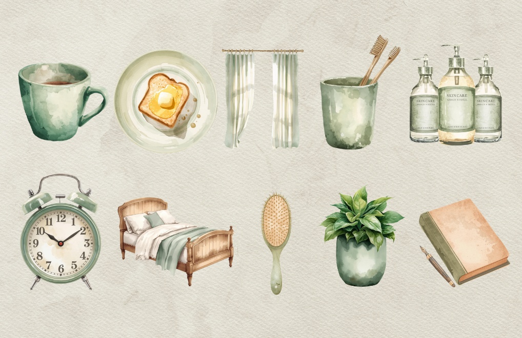 くすみグリーン朝ルーティンモチーフ水彩クリップアート(10点)