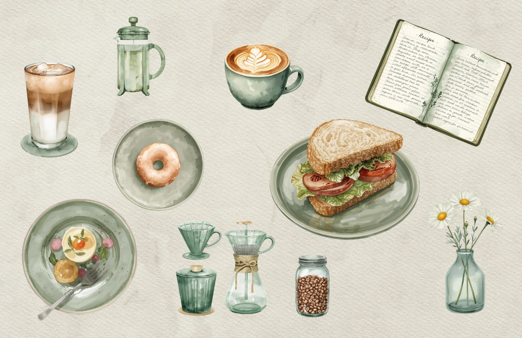 おうちカフェ vol.2|くすみグリーンの水彩クリップアート10点セット