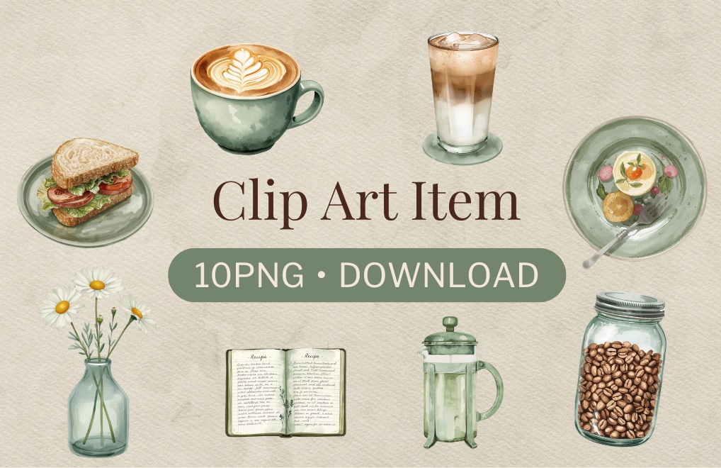 おうちカフェ vol.2｜くすみグリーンの水彩クリップアート10点セット