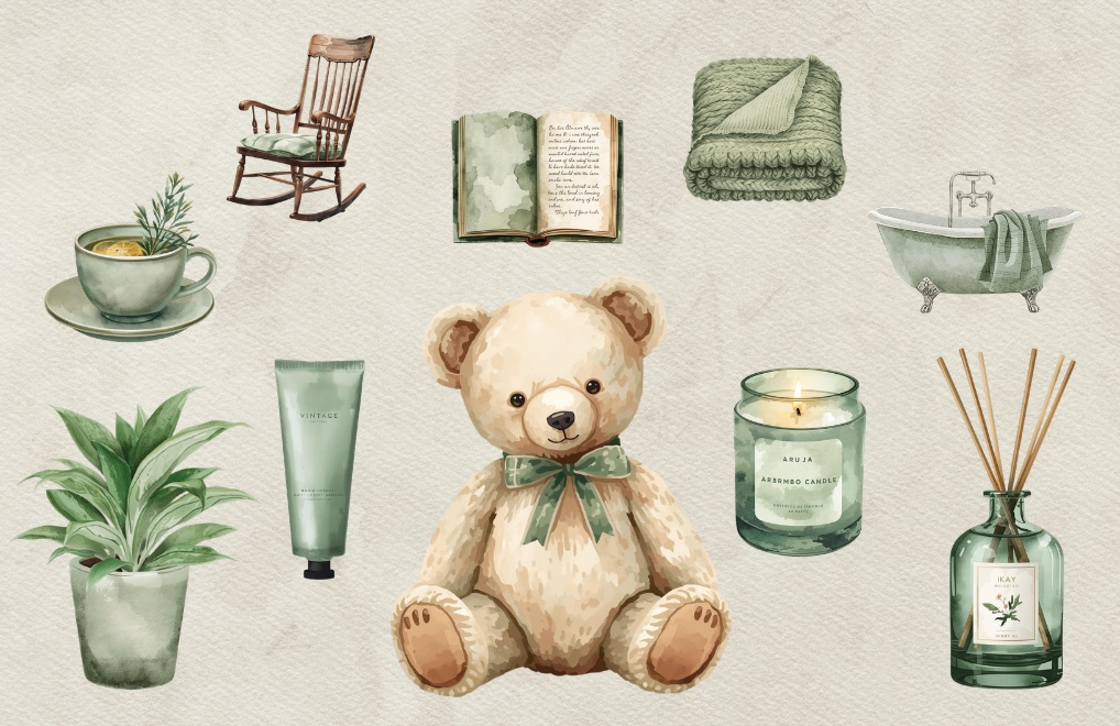 おうちリラックスvol.2|くすみグリーンの水彩クリップアート10点セット