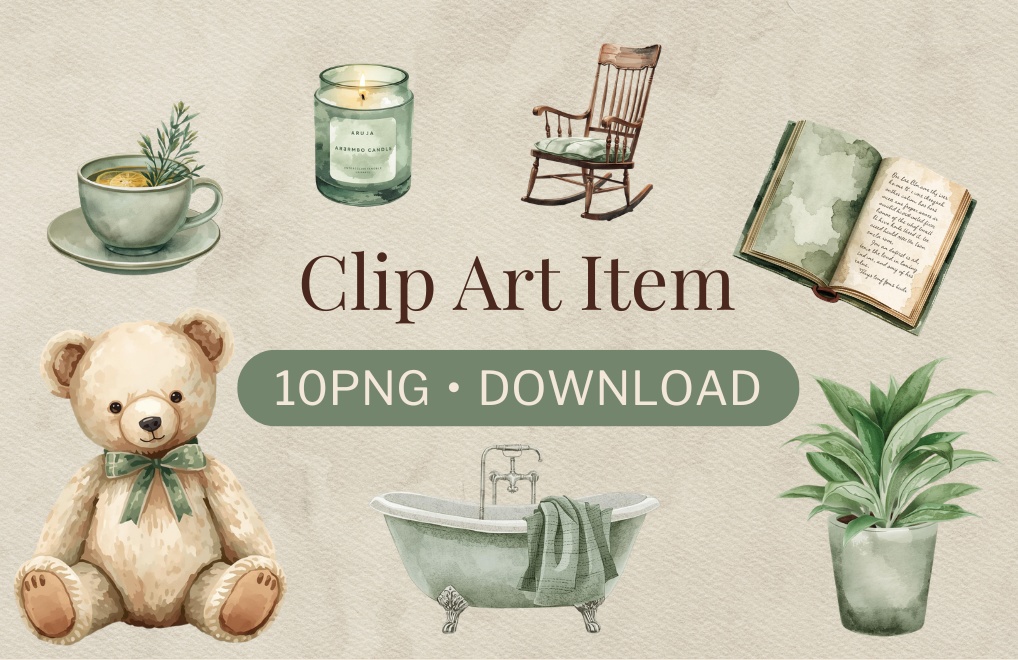 おうちリラックスvol.2｜くすみグリーンの水彩クリップアート10点セット