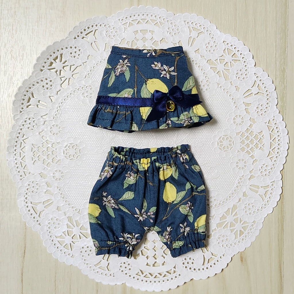 ぬいぐるみ服 レモン柄のフリルセットアップ