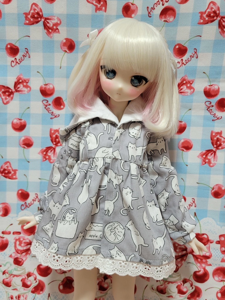 ドール服 MDD S胸サイズ 猫柄フード付きワンピース ペチコート - ひよ