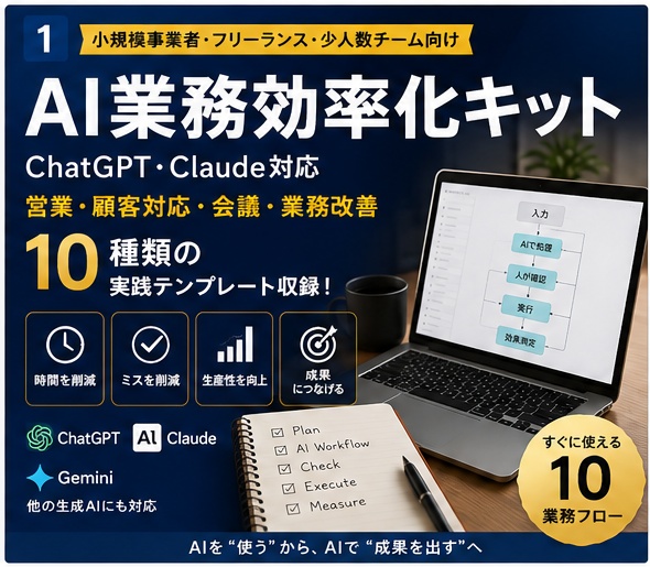 AI業務効率化キット｜ChatGPT・Claude対応｜営業・顧客対応・会議・業務改善10テンプレート