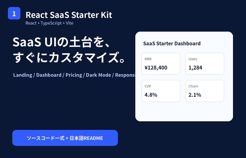 React SaaS Starter Kit|TypeScript・Vite対応|Dashboard・Pricing・Dark Mode収録