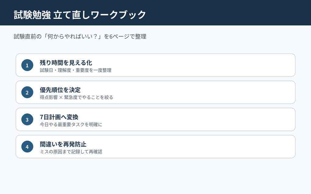 試験勉強 立て直しワークブック|試験直前の優先順位・7日計画・間違い管理PDF