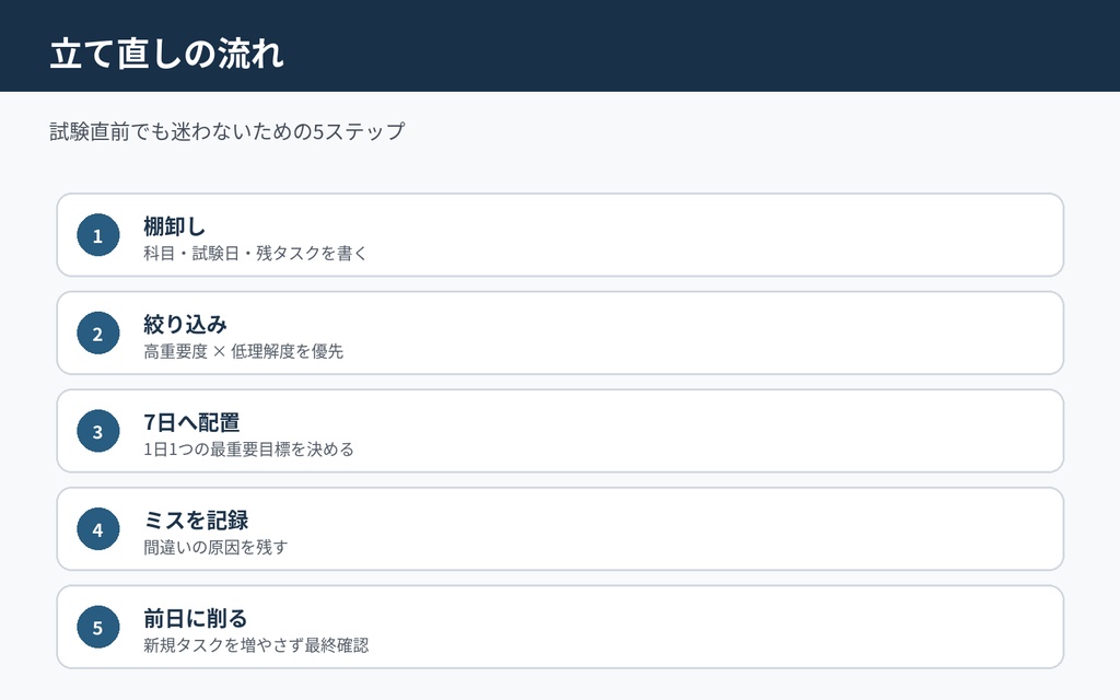 試験勉強 立て直しワークブック|試験直前の優先順位・7日計画・間違い管理PDF